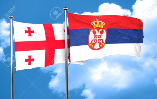 Georgia flag with Serbia flag, 3D rendering
