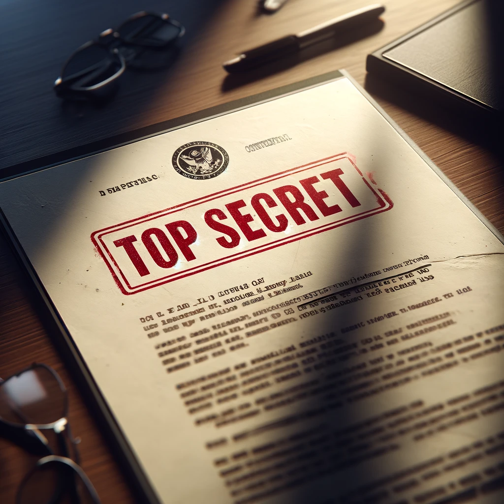 DALL·E 2025-04-01 20.00.49 - A realistic top-secret document placed on a desk. The document is slightly open, showing red-stamped text that reads 'TOP SECRET' in bold capital lett