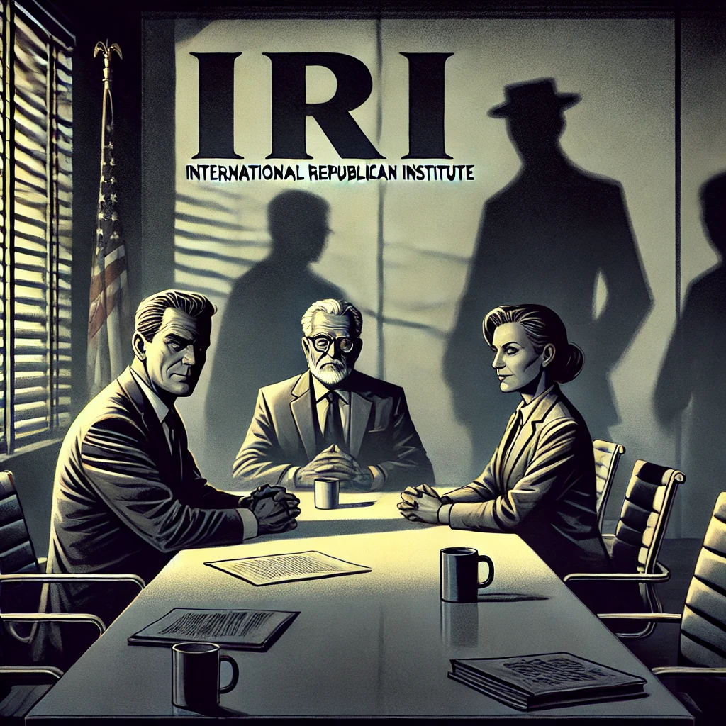 DALL·E 2025-04-11 16.14.35 - A moody, symbolic illustration showing a shadowy meeting in a dimly lit office. At a modern conference table, a well-dressed American man with a stern
