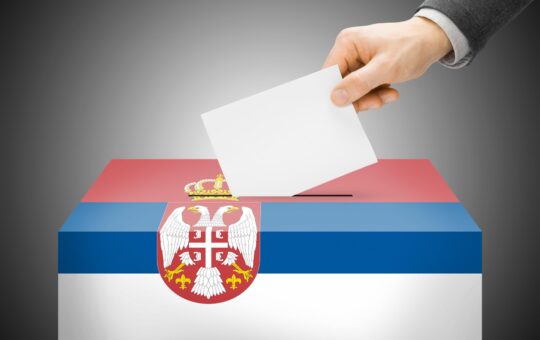 Voting concept - Ballot box painted into national flag colors - Serbia