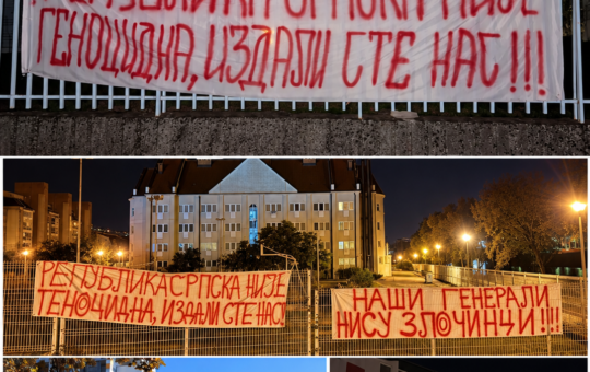 News-style collage of Cyrillic banners and buildings